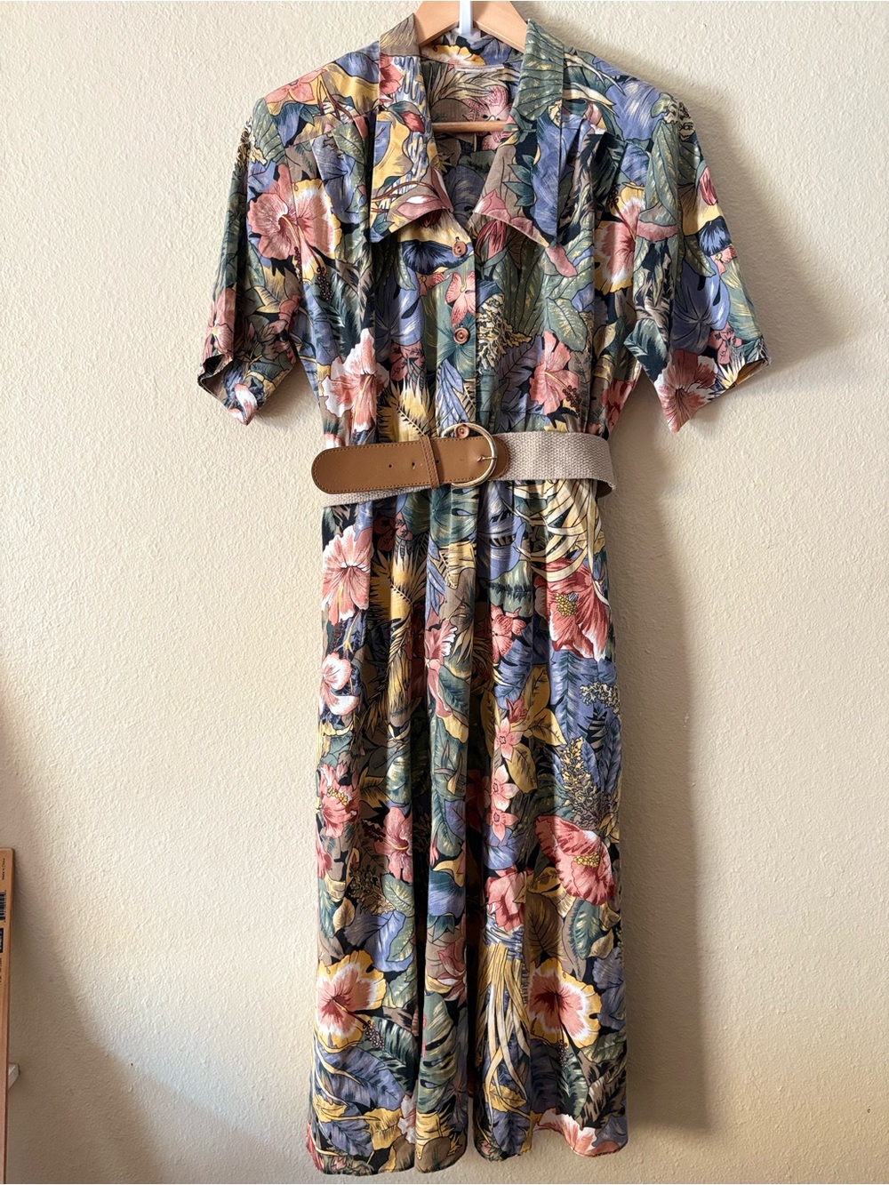 Vintage 80s Penbrooke Lane Tropical Floral Midi Dress Belted Size 12